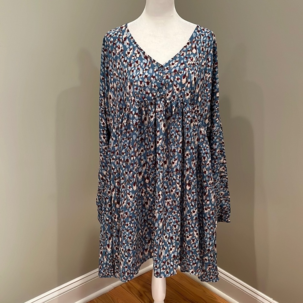 Umgee Blue Multicolor Printed V-Neck Swing Dress